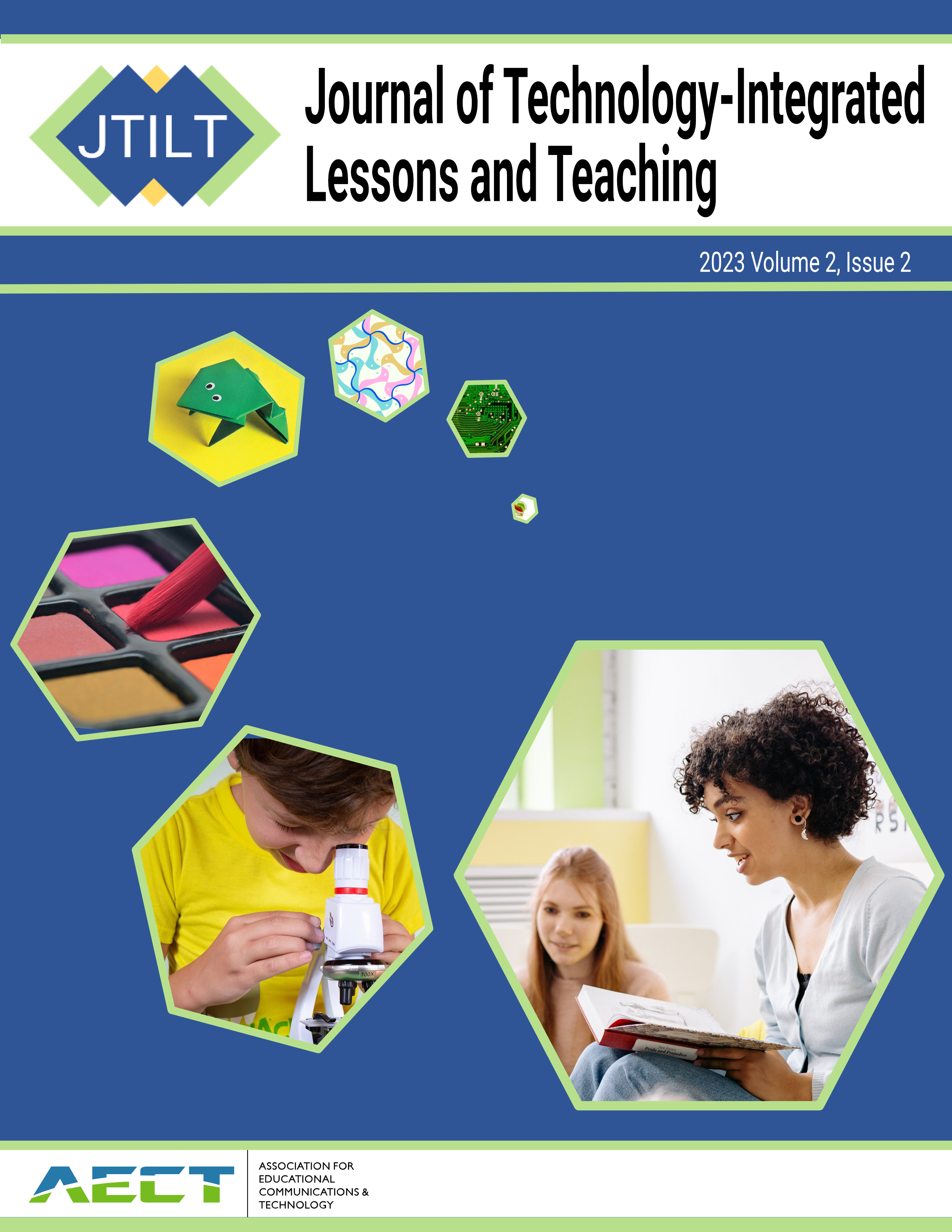 Images of frogs, tessellations, circuts, students, and a teacher in hexagon shapes under the banner: Journal of Technology-Integrated Lessons and Teaching.